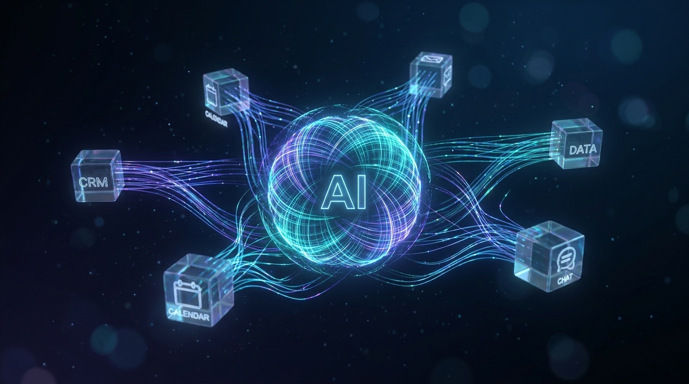 AI agents orchestrating connected CRM, calendar, email and data systems
